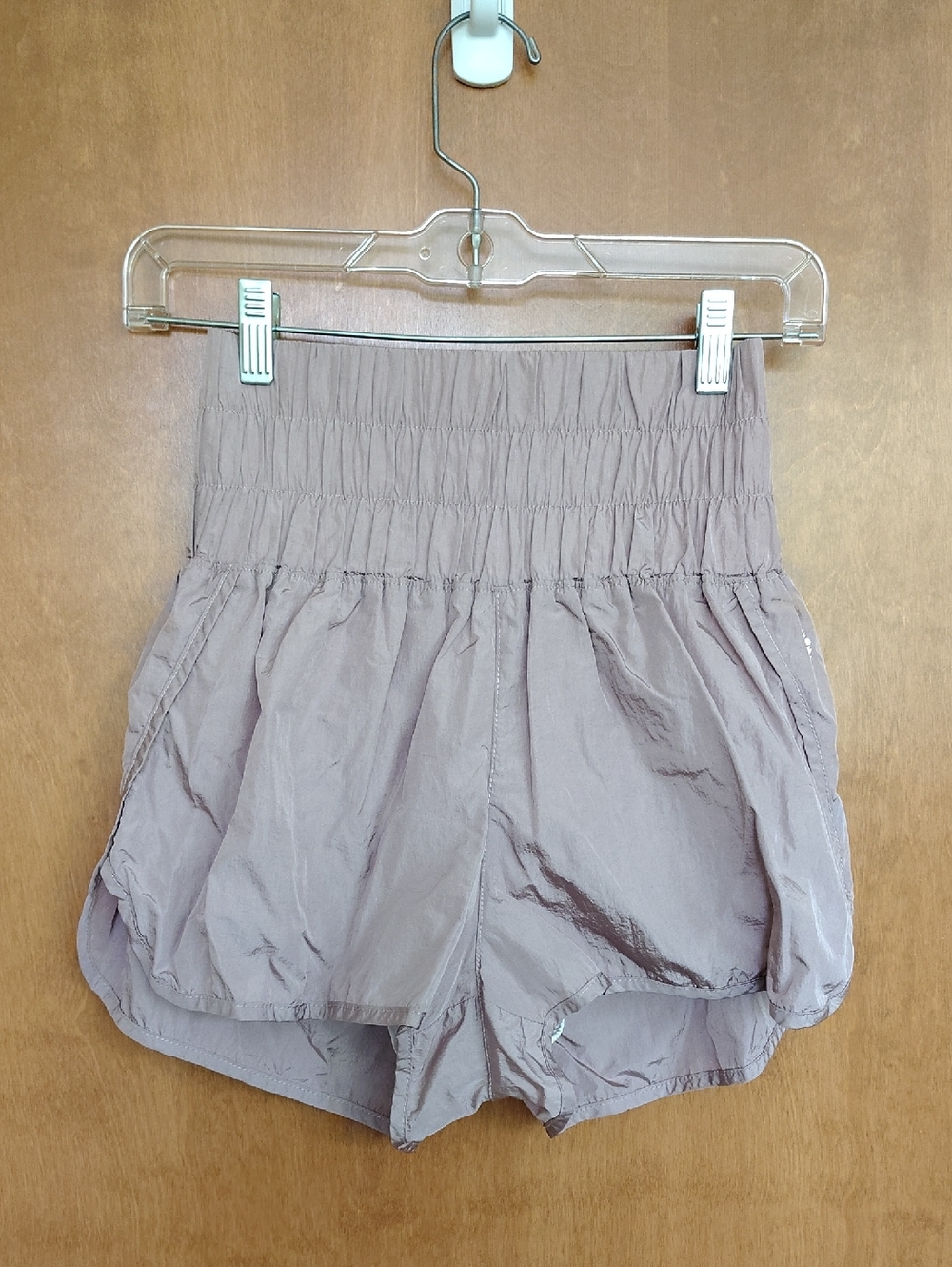 FP Movement by Free People High-Waist Smocked Athletic Shorts — Taupe